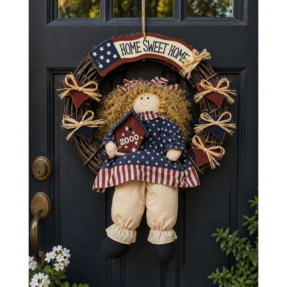 Vintage Millennium 2000 Americana Rag Doll Grapevine Home Sweet Home Wreath USA